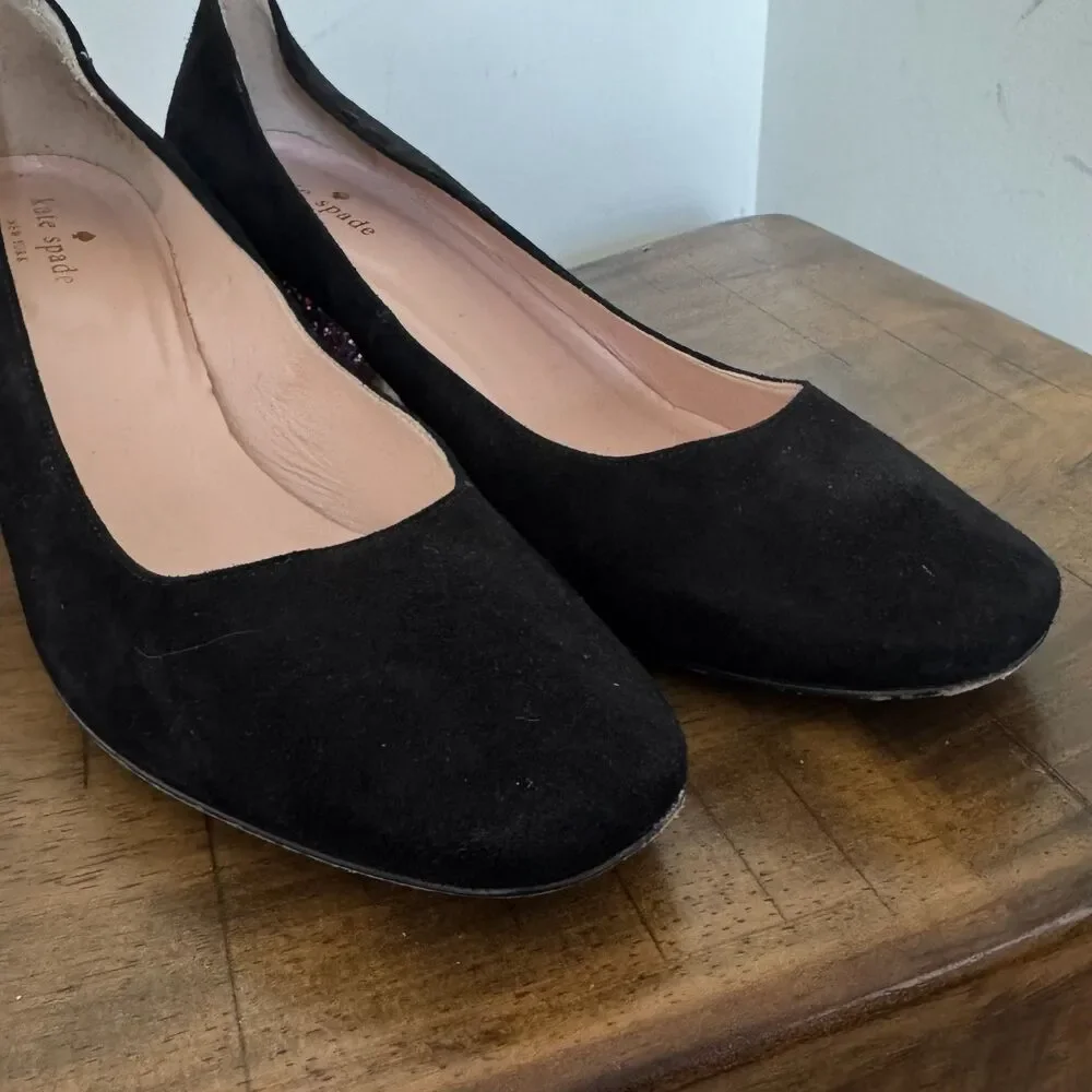 Kate Spade Made in Italy Black Suede Pumps Women's 10M Glitter Block Heels